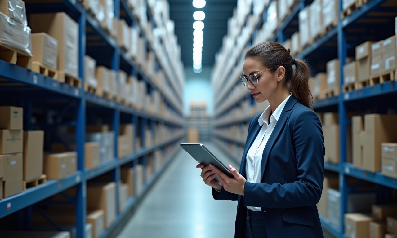 Un analista logístico optimizando la cadena de suministro en un almacén moderno